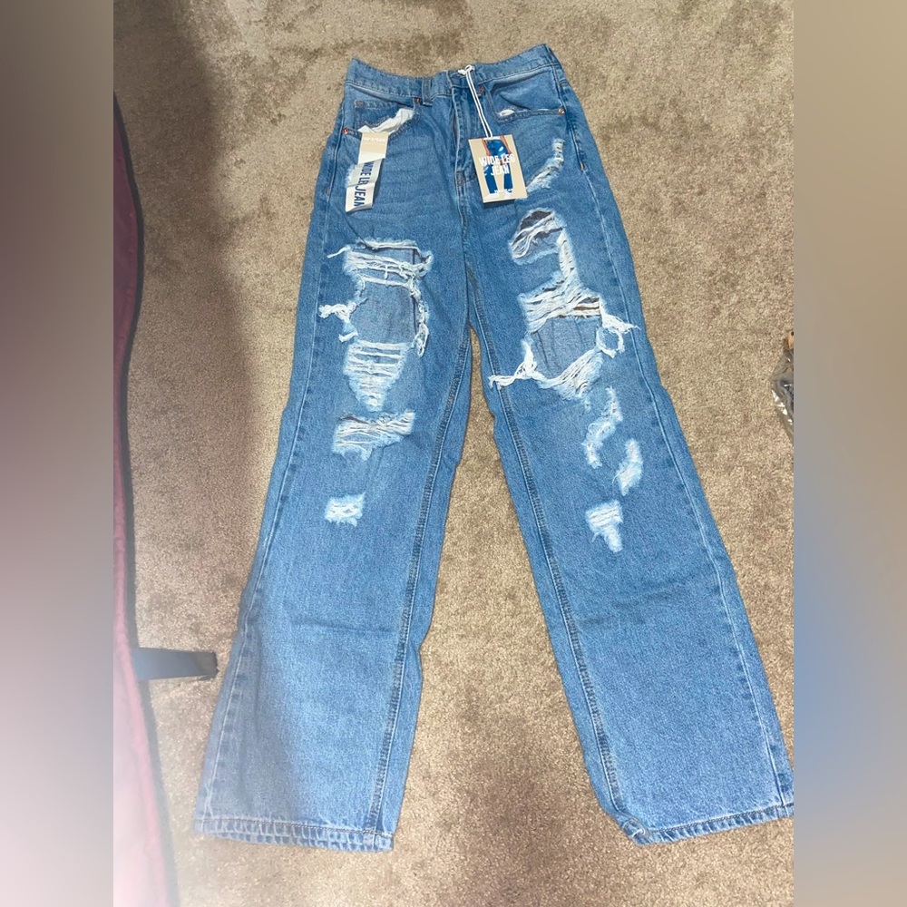 Wide leg distressed mom jeans